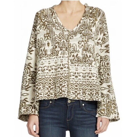 Free People Raggy V Neck Ivory/Green Hooded Coastal Girl Bohemian Sweater Sz S - Picture 1 of 7